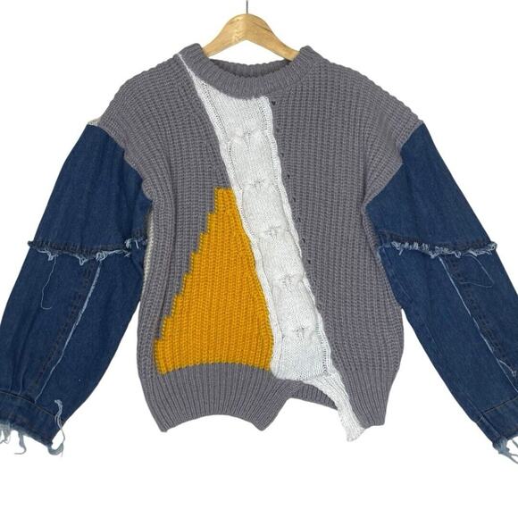 Patchwork Sweater Womens Md Lg Denim Chunky Knit Cozy Streetwear Grunge Gorpcore - Picture 1 of 5
